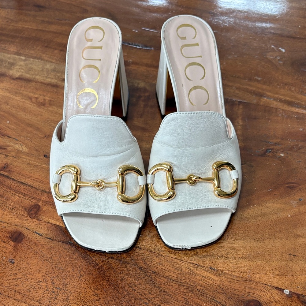 Gucci Women's Off-White Mules with Gold Hardware